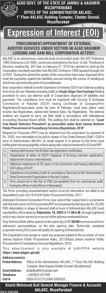 AKLASC Muzaffarabad Tender Notice